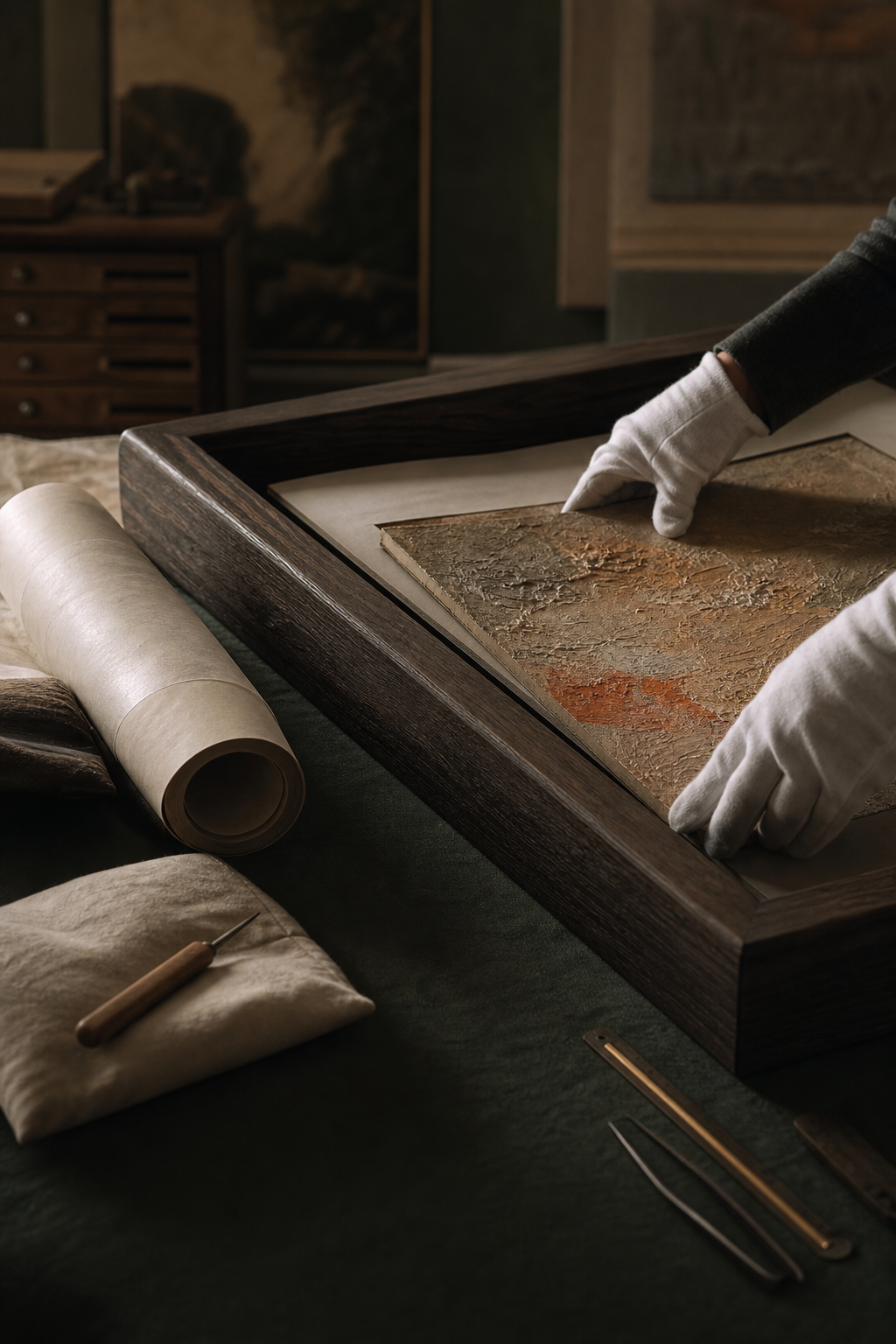 Artwork being carefully fitted into a bespoke frame